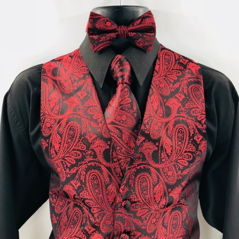 Men's Red Black Paisley Vest 4 Piece Set New - Picture 3 of 3